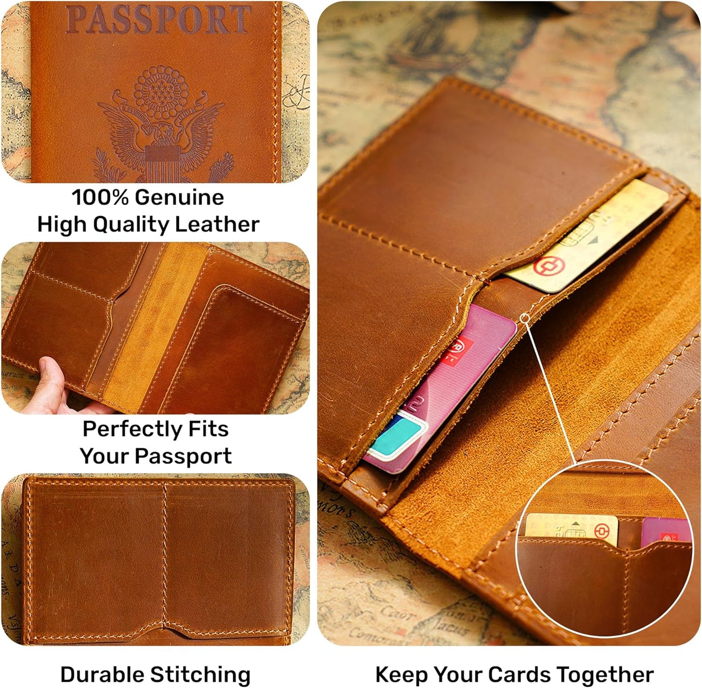 HIFA Leather Passport Holder, Handmade Passport Cover with Card and Ticket Slot - Genuine Leather