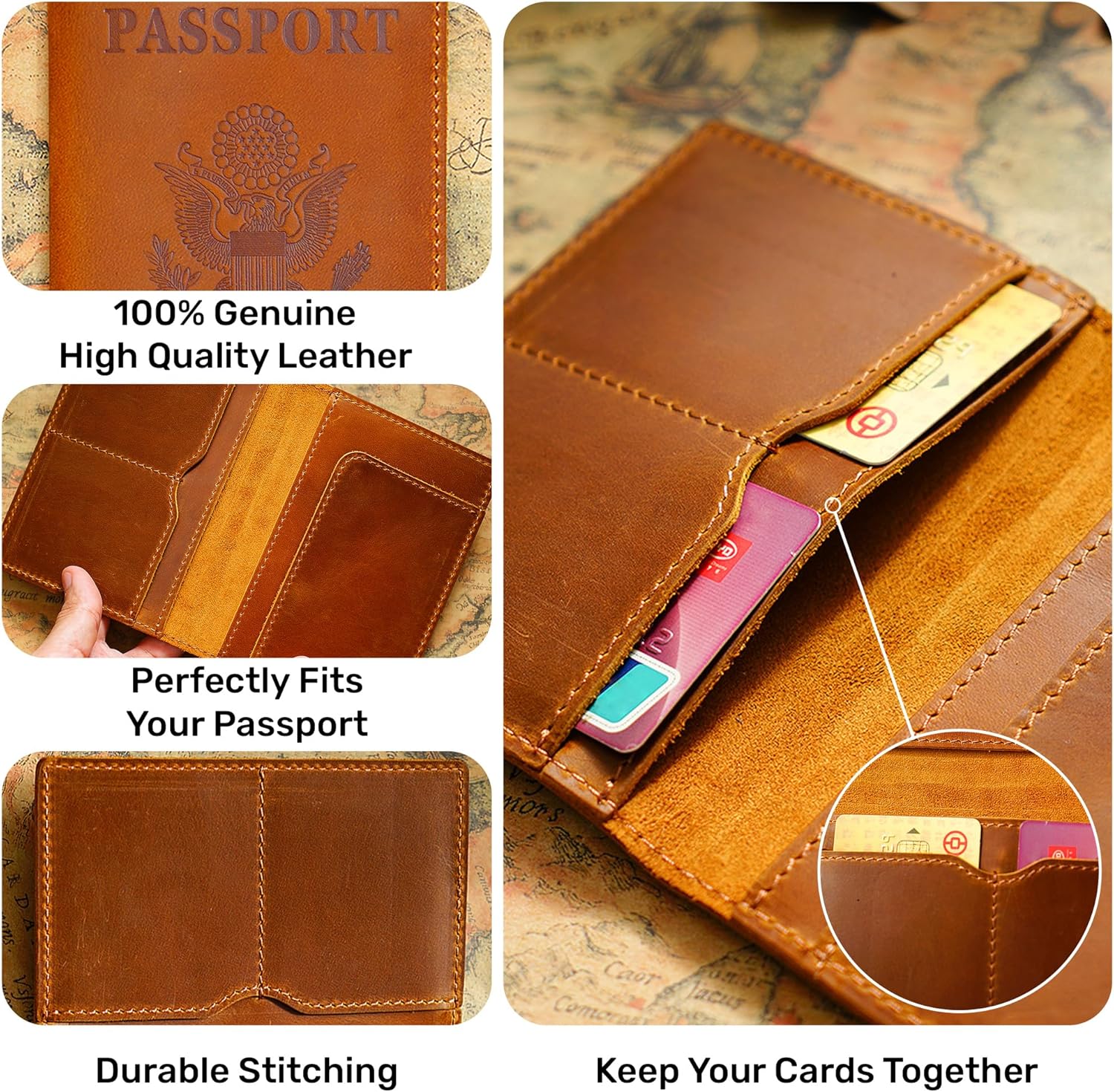 HIFA Leather Passport Holder, Handmade Passport Cover with Card and Ticket Slot - Genuine Leather