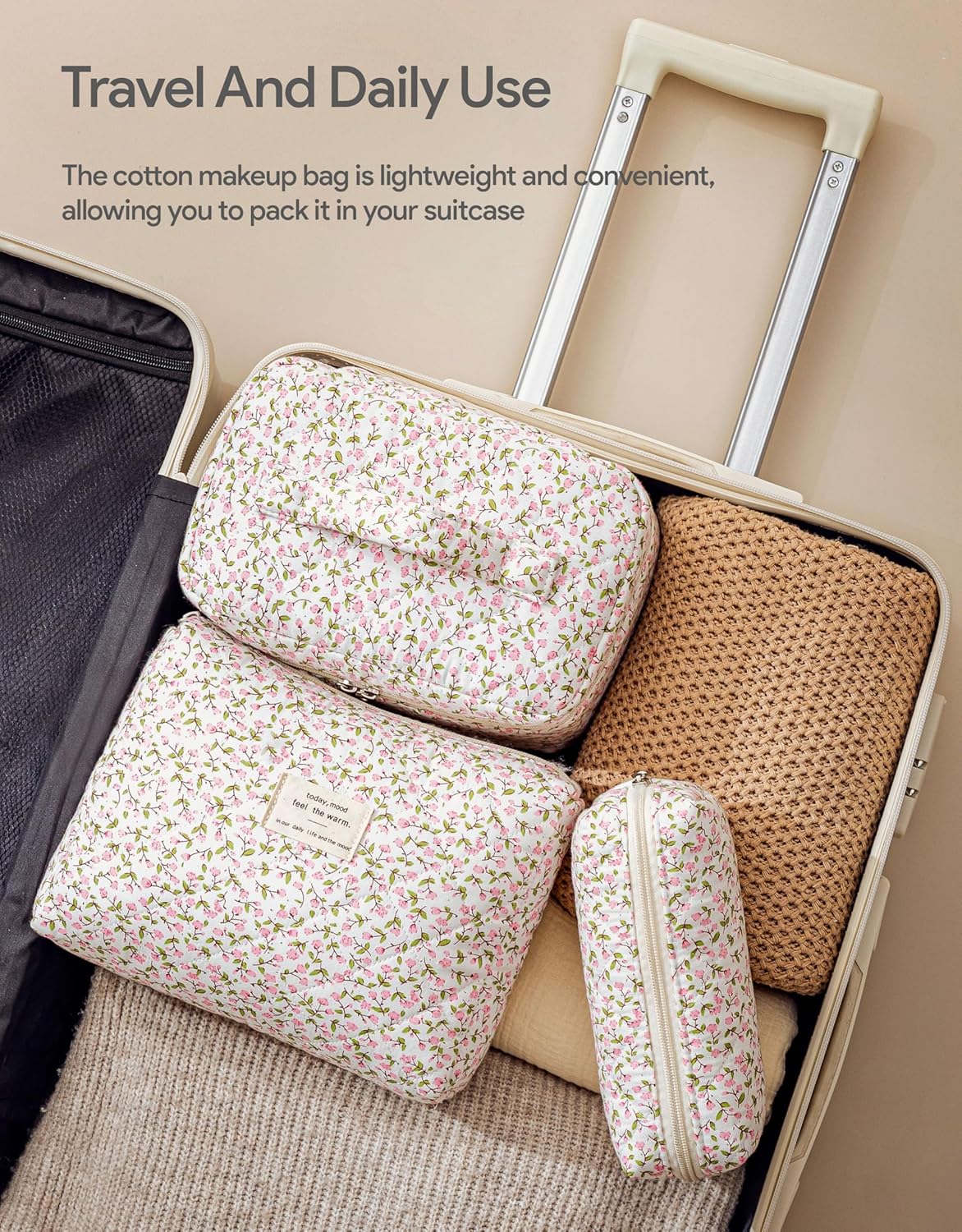 HBselect Quilted Makeup Bag, 3PCS Cotton Large Travel Makeup Bag, Cute Floral Coquette Make up Bag