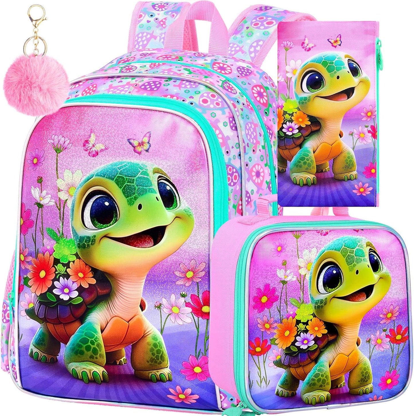 AGSDON 3PCS Kids Backpack for Girls, 16" Preschool Elementary Water Resistant School Bag, Girl Backpacks Set with Lunch Box Pencil Case