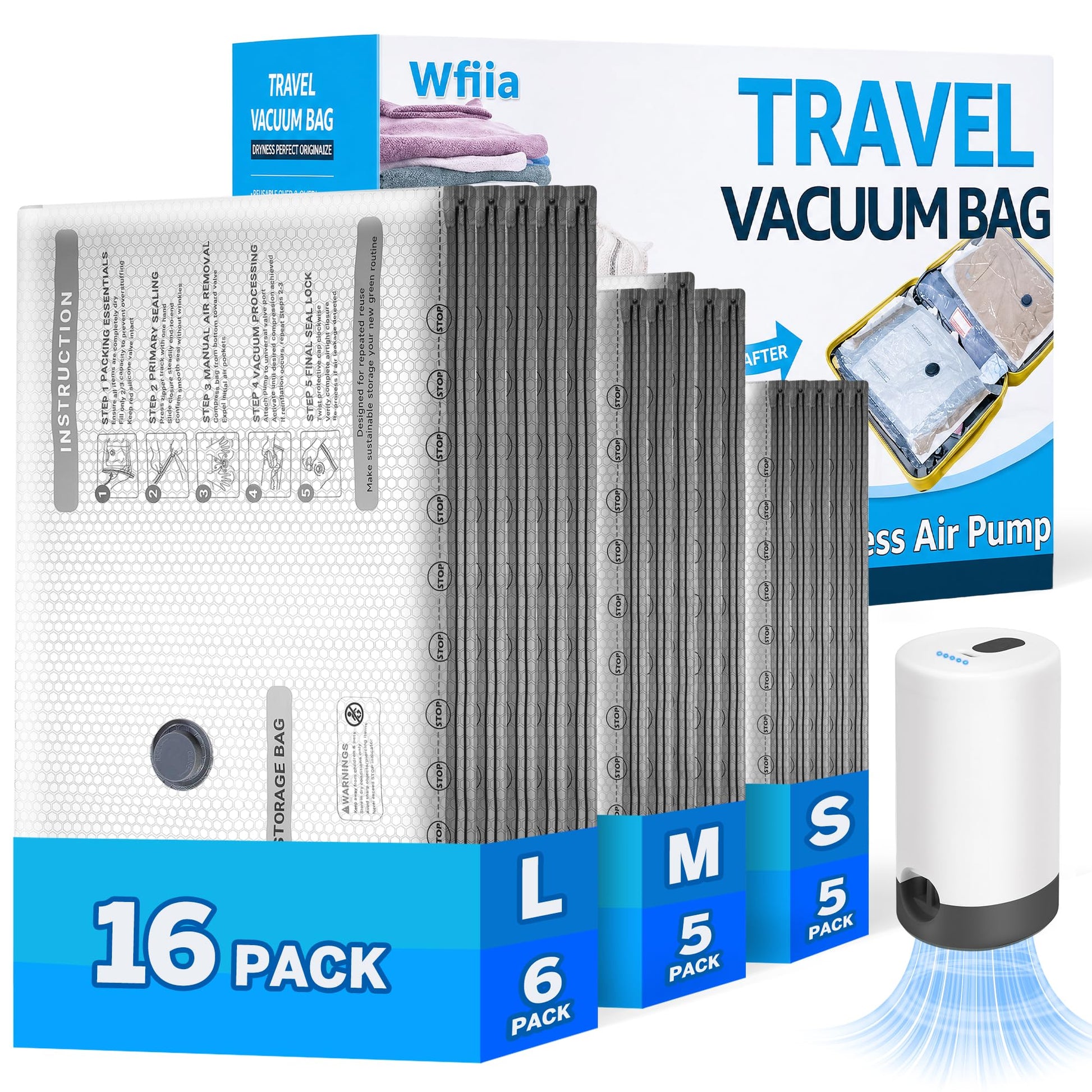 15+1 Packs Vacuum Bags for Travel with Rechargeable Pump, 3 Sizes Vacuum Seal Bags for Clothing