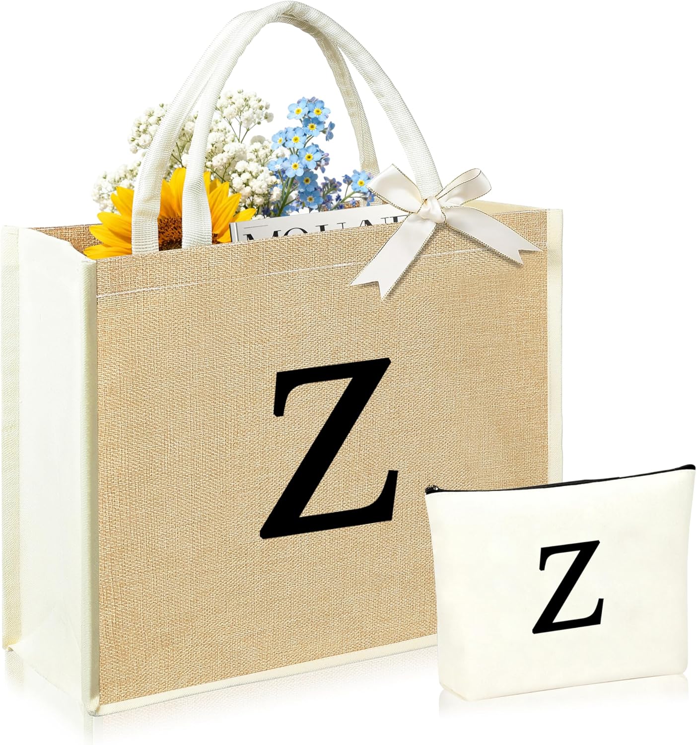 Initial Canvas Tote Bag & Makeup Bag for Women Teacher Bridesmaids，Personalized Present for Wedding, Birthday, Beach