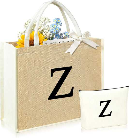 Initial Canvas Tote Bag & Makeup Bag for Women Teacher Bridesmaids，Personalized Present for Wedding, Birthday, Beach