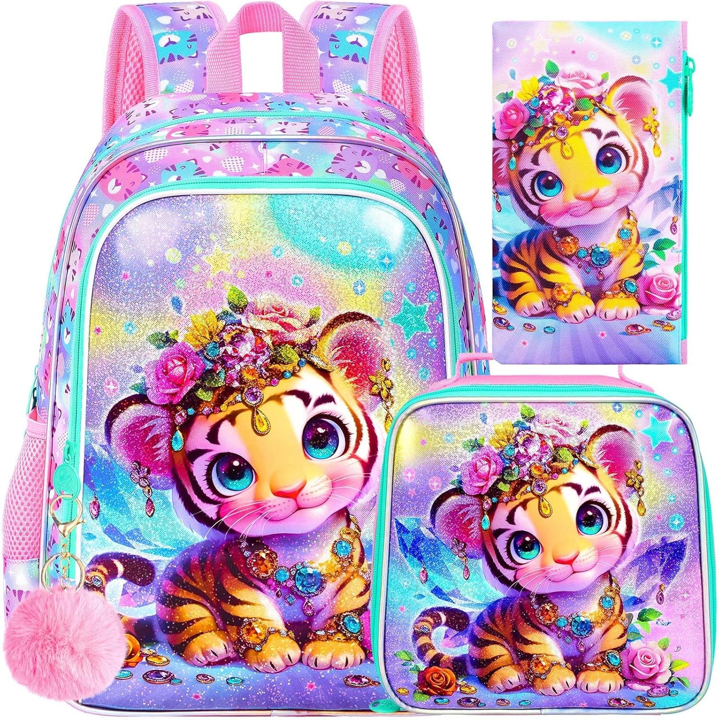 3Pcs Tiger Backpack for Girls, 16" Kids School Backpacks with Lunch Box, Bookbag for Elementary Preschool Kindergarten(Pink)