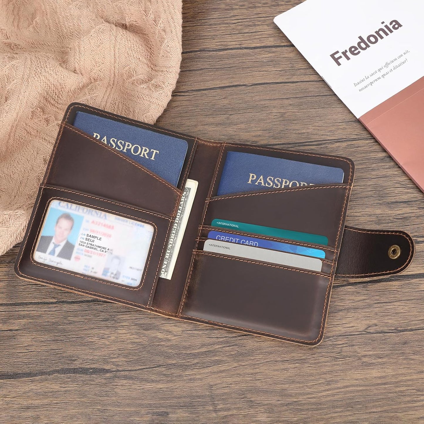 Polare Full Grain Leather Slim and Soft RFID Blocking Wallet for Men Snap Bifold Travel Wallet Passport Holders 2 Passports (Dark Brown with AirTag Slot)