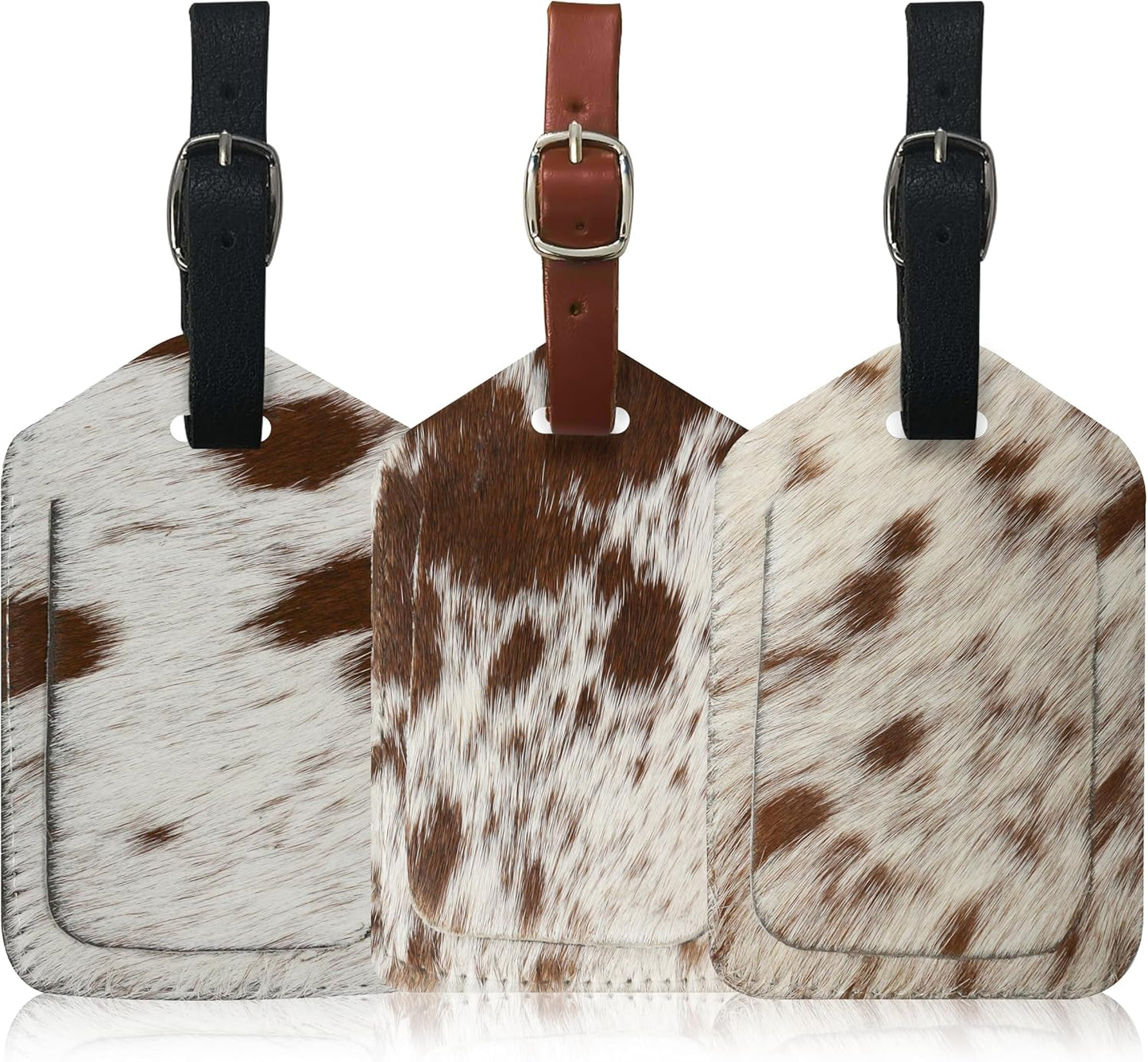 Mulch Leather Genuine Cow Leather Luggage Tag (Pack of 3) for Baggage ID Tags Travel Bag Tags for Suitcases Privacy Cover ID Label (Hair ON)