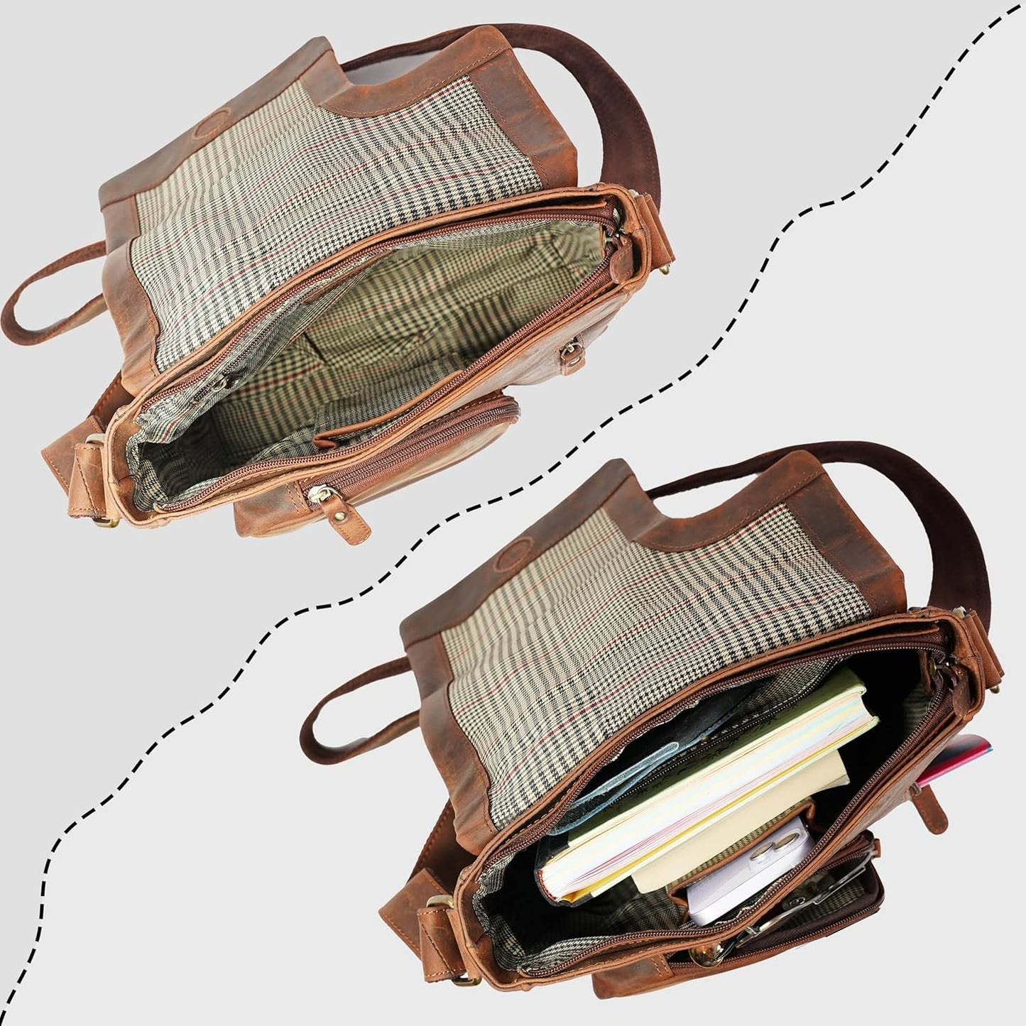 Vintage Leather Messenger Sling Bag – Premium Crossbody Satchel with Curved Flap, Zipper Closure, Adjustable Strap – Stylish Travel & Work Bag for Men & Women