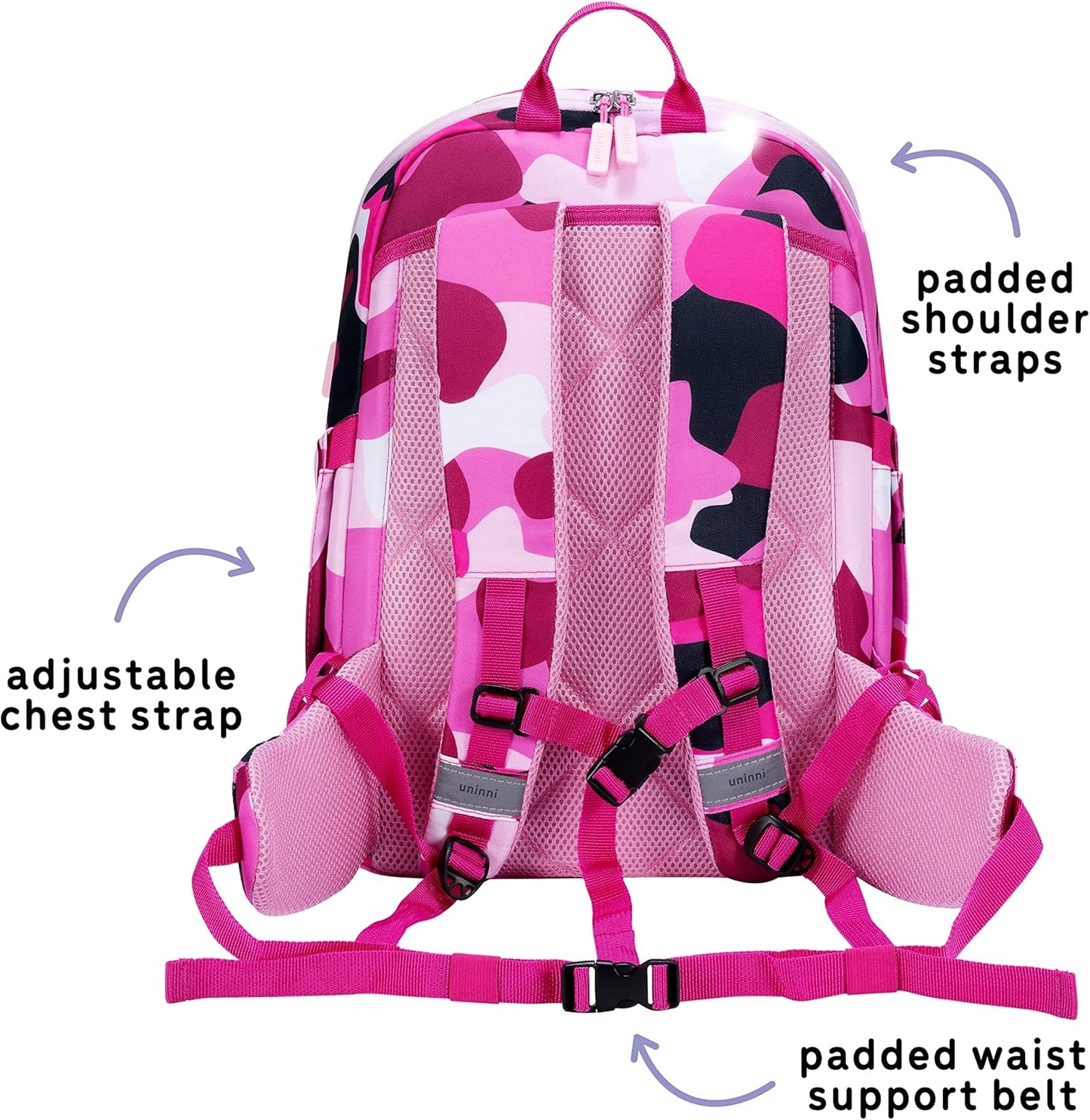 uninni 16" Kid's Backpack for Girls and Boys Age 6+ with Padded, and Adjustable Shoulder Straps. Fits for Height 3'9" Above Kids (Camouflage Fuchsia/Pink)