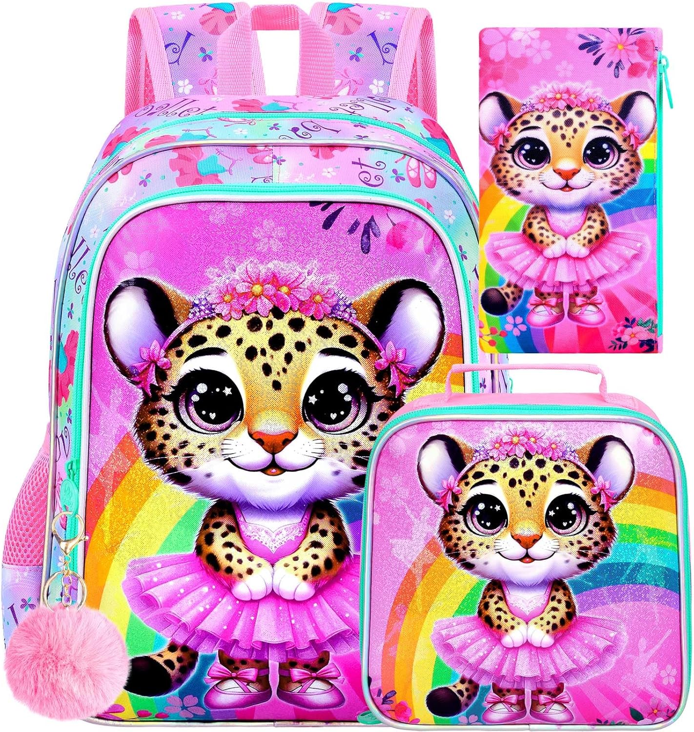 CCJPX 3PCS Ballet Backpack for Girls, 16 Inch Kids Leopard Water Resistant Preschool Bookbags, Cute