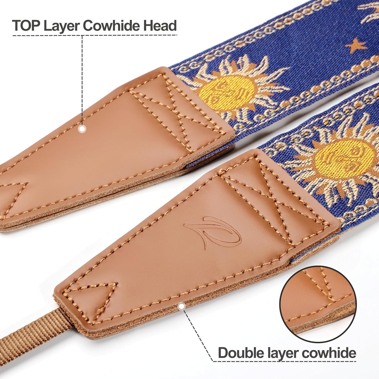 Padwa Lifestyle Sun God Camera Strap - 2" Full Grain Leather Ends, Vintage Sun Face Camera Straps for Photographers, Soft Chamois Velvet Padded Strap Quick Release fits All Cameras