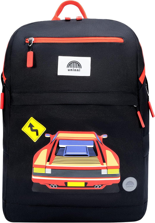 uninni 16" Kid's Backpack for Girls and Boys Age 6+ with Padded, and Adjustable Shoulder Straps. Fits for Height 3'9" Above Kids (Race Car Black/Red)