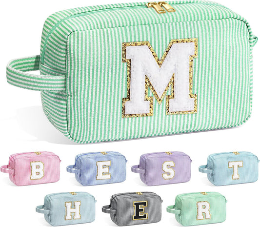 YOOLIFE Initial Makeup Bag Cosmetic Bag for Women, Travel Toiletry Bag, Cute Makeup Pouch Green M