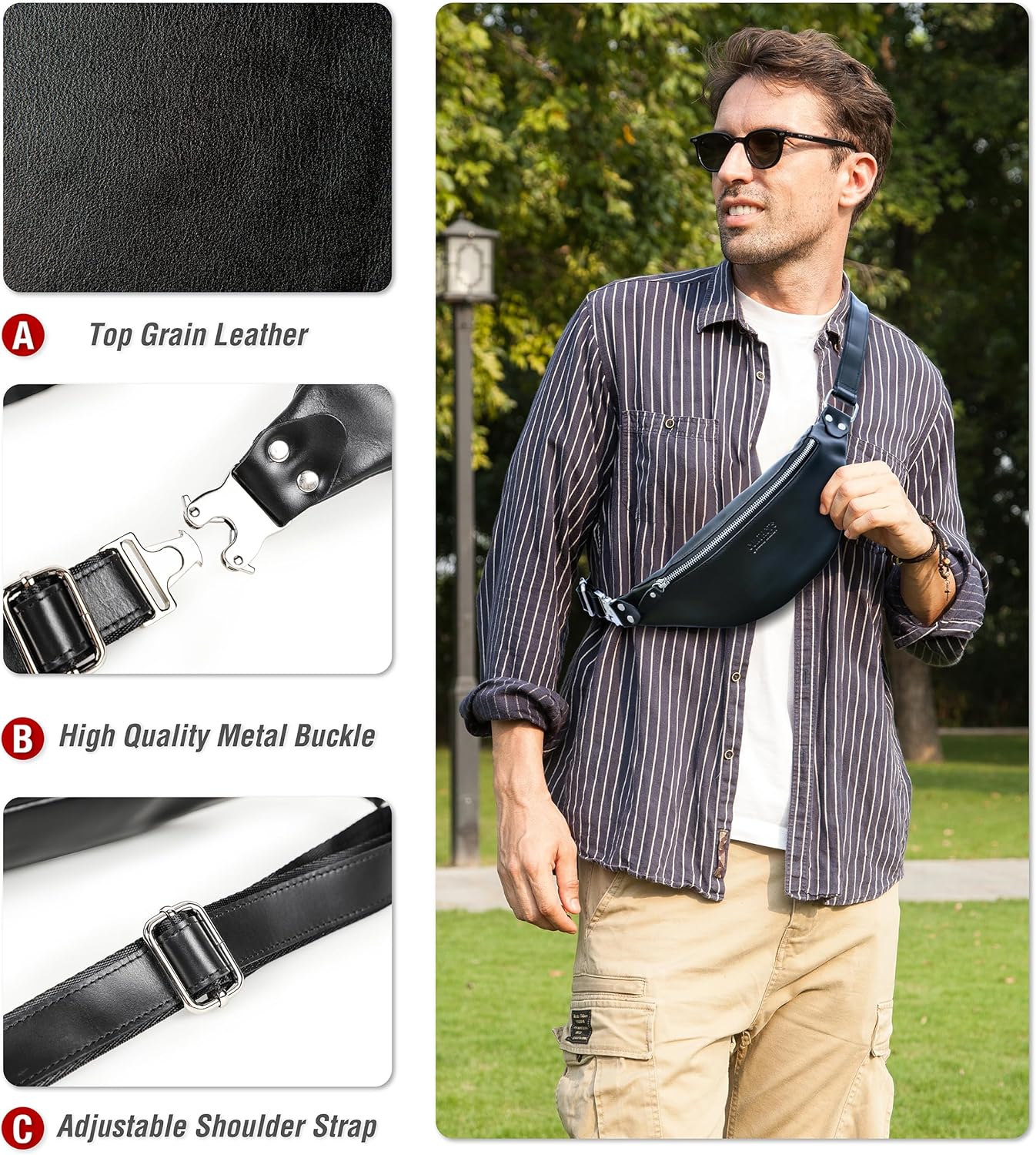 Top Grain Genuine Leather Slim Waist Pack for Man & Woman, Minimalist Vintage Design, Handmade with Detachable Hardware, Slim Fanny Pack Small Crossbody Belt Bag for Traveling or Riding, Glossy Black