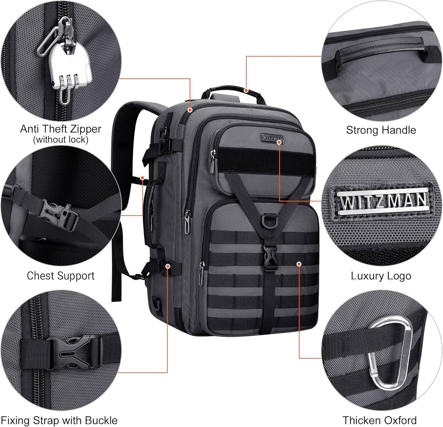 WITZMAN Carry On Travel Backpack for Men Large Convertible 45L Fit 17 Inch Laptop Backpack 3 in 1