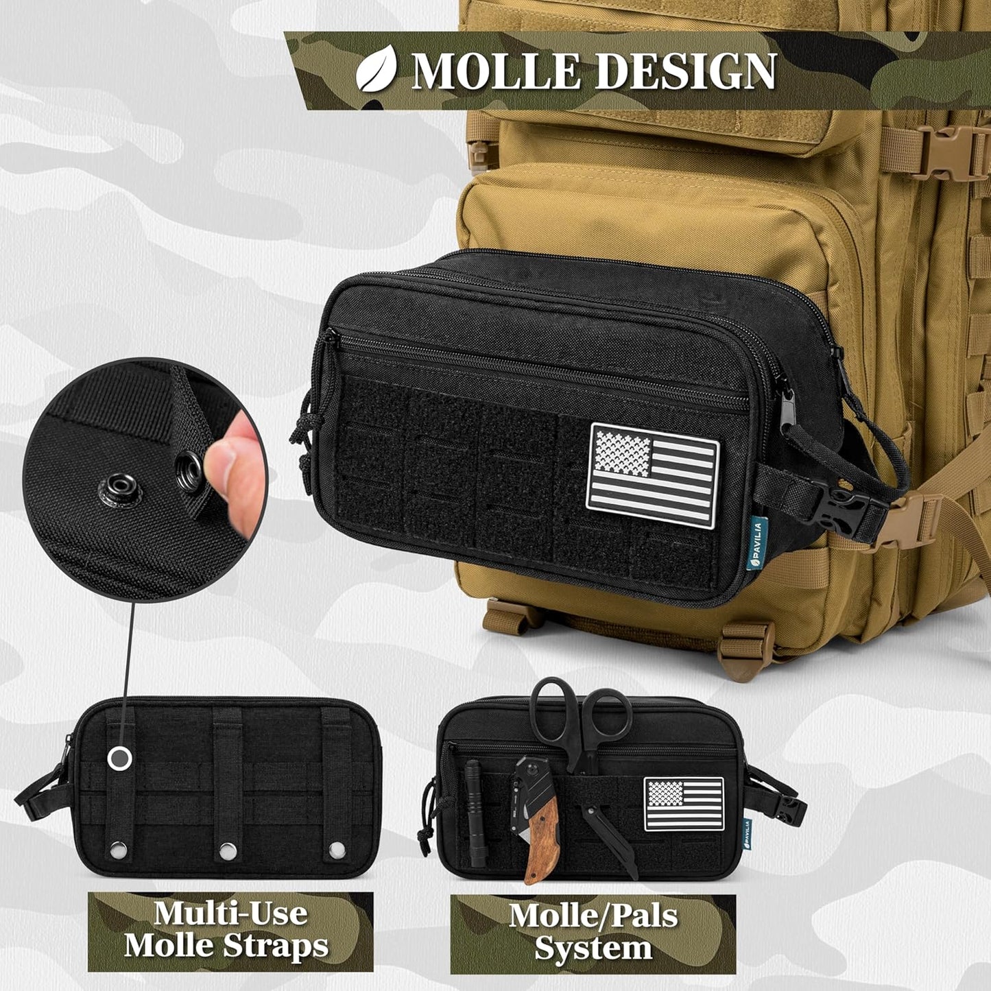 PAVILIA Tactical Toiletry Bag for Men, Travel Hygiene Bag, Military Gear Dopp Kit, Water Resist