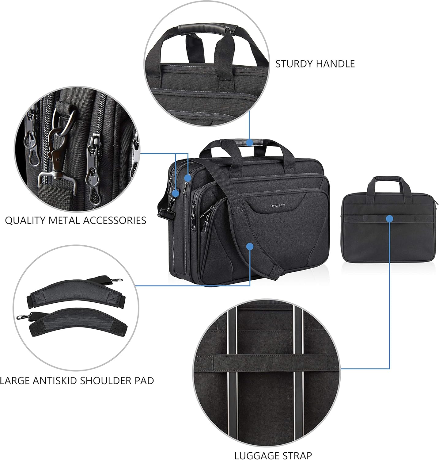 KROSER Laptop Bag Premium Laptop Briefcase Fits Up to 17.3 Inch Laptop Expandable Water-Repellent Shoulder Messenger Bag Computer Bag for Travel/Business/Men/Women-Black