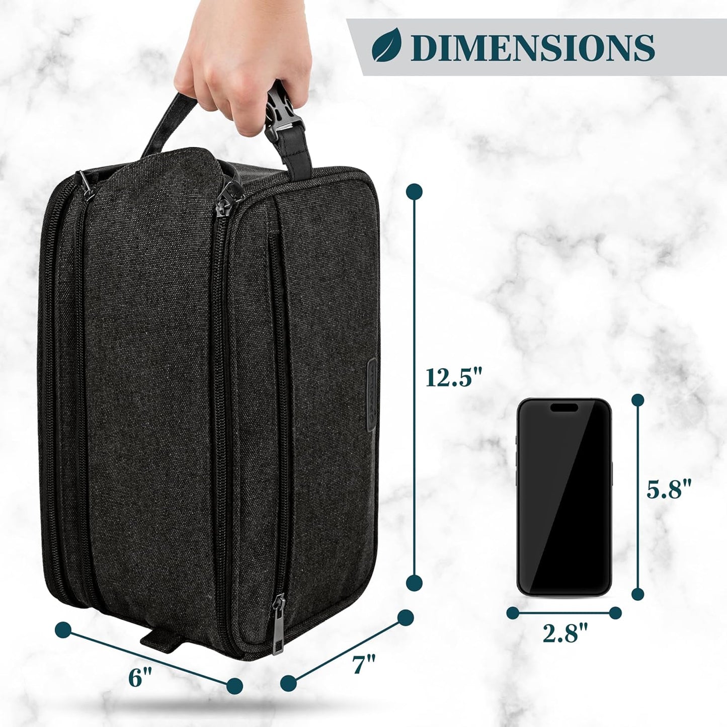 PAVILIA Toiletry Bag for Men, Canvas Travel Dopp Kit, Extra Large Water Resistant Hygiene Bag Toiletries Organizer, Shaving Kit Travel Accessories Bag, Black, Extra Large