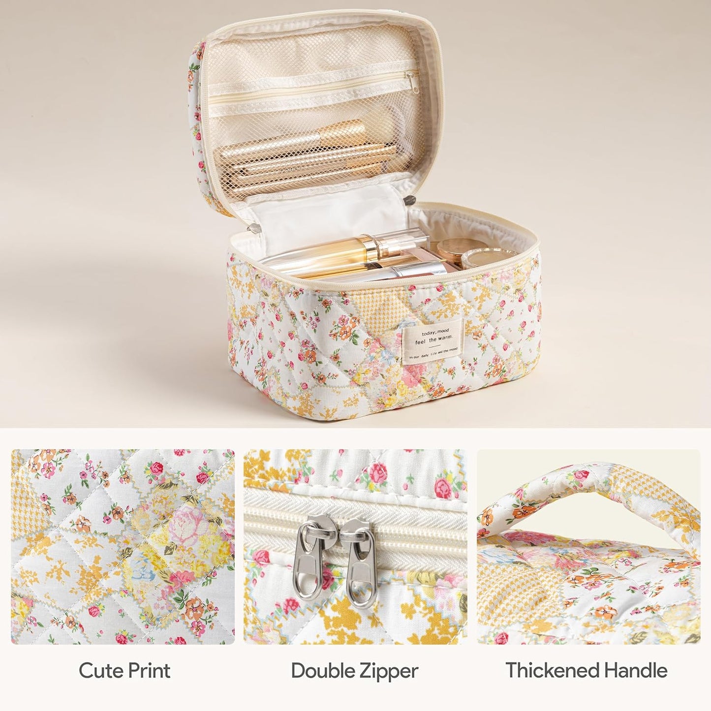 HBselect Quilted Makeup Bag, 3PCS Cotton Large Travel Makeup Bag, Cute Floral Coquette Make up Bag Cosmetic Bag Toiletry Bag for Women Girls