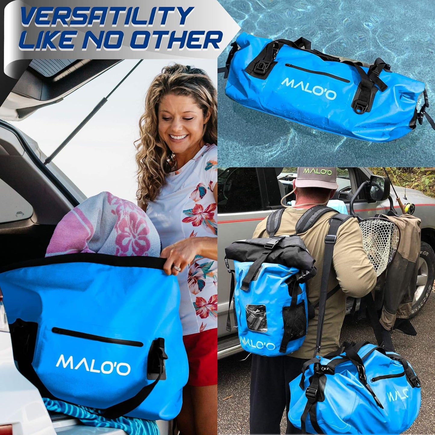 Malo’o Waterproof Dry Duffel, Heavy-Duty Roll Top Waterproof Gear Bag with Shoulder Strap & Molle Loops, Marine Duffel for Kayaking, Boating, Camping, Beach & Travel, Blue, 60L