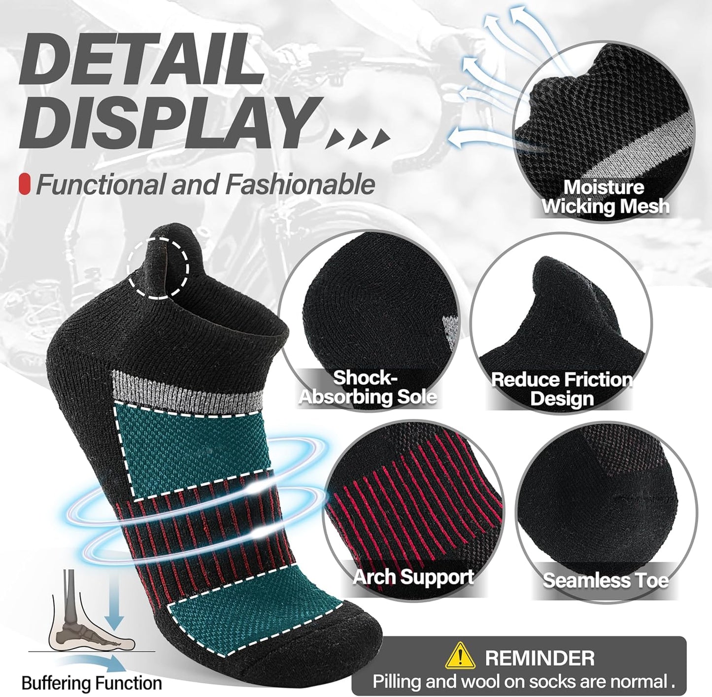 6 Pairs Merino Wool Ankle Running Hiking Socks Compression Support Breathable Thick Cushion No Show