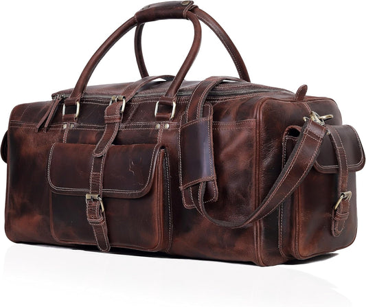 Leather Farm Travel Duffel Bags for Men & Women - Premium 24" Mens Weekender Overnight Gym Bag, Carry-On Luggage with Spacious Compartments, Stylish Leather Duffel Bag for Airplane, Sports & Trips