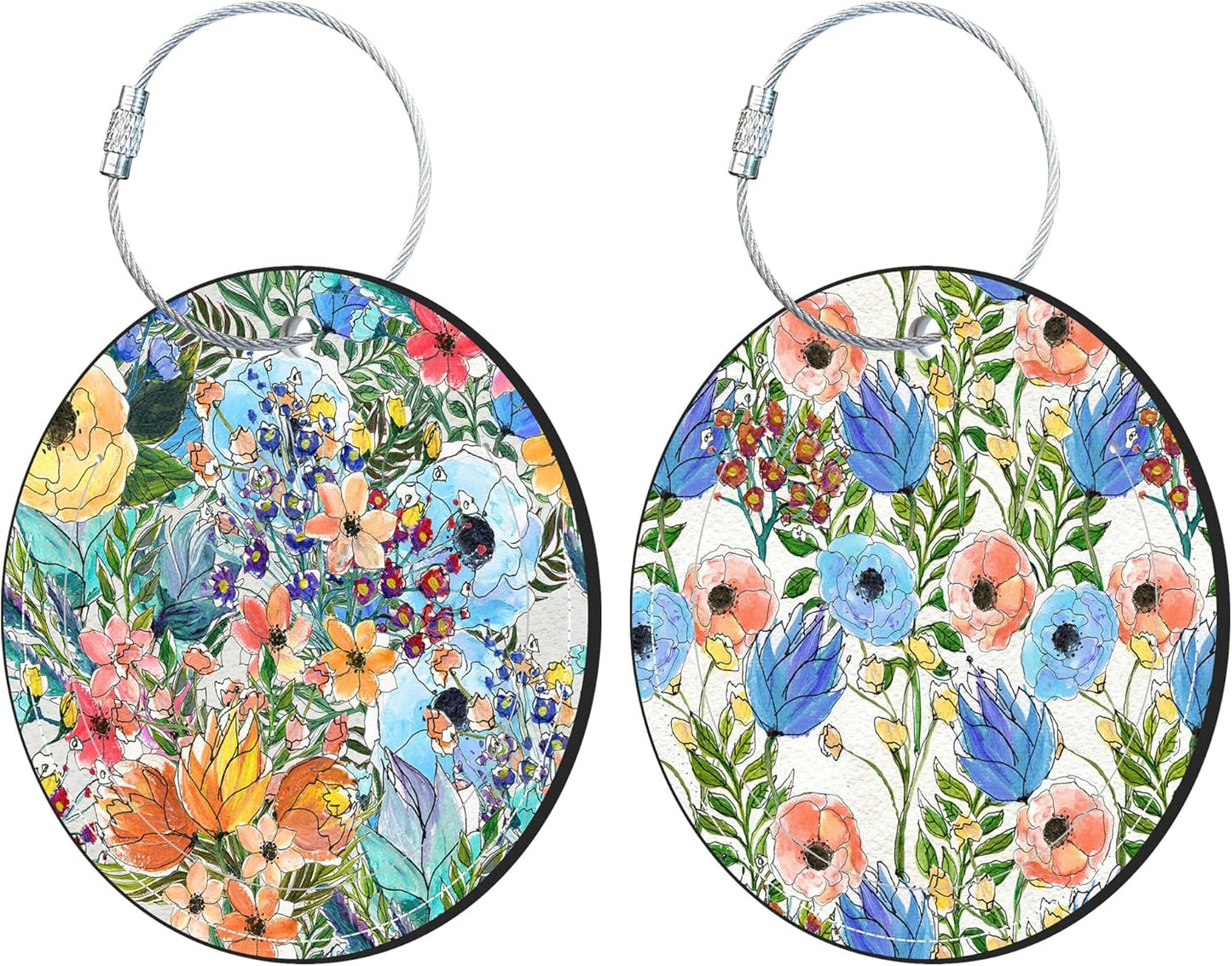 Round Cute Luggage Tags 2 Pack Colorful Flowers Creative Baggage Tags,Cruise Travel Baggage Suitcases Tag with Stainless Steel Loop ID Tag Privacy Flap