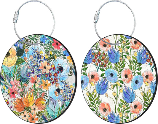 Round Cute Luggage Tags 2 Pack Colorful Flowers Creative Baggage Tags,Cruise Travel Baggage Suitcases Tag with Stainless Steel Loop ID Tag Privacy Flap