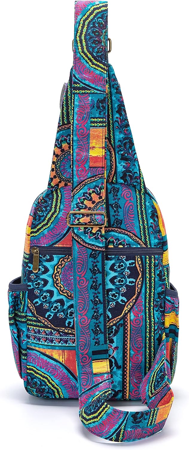 Coton Pose Women sling bag Elephant canvas large boho backpacks bohemian Crossbody Bag (green purple)