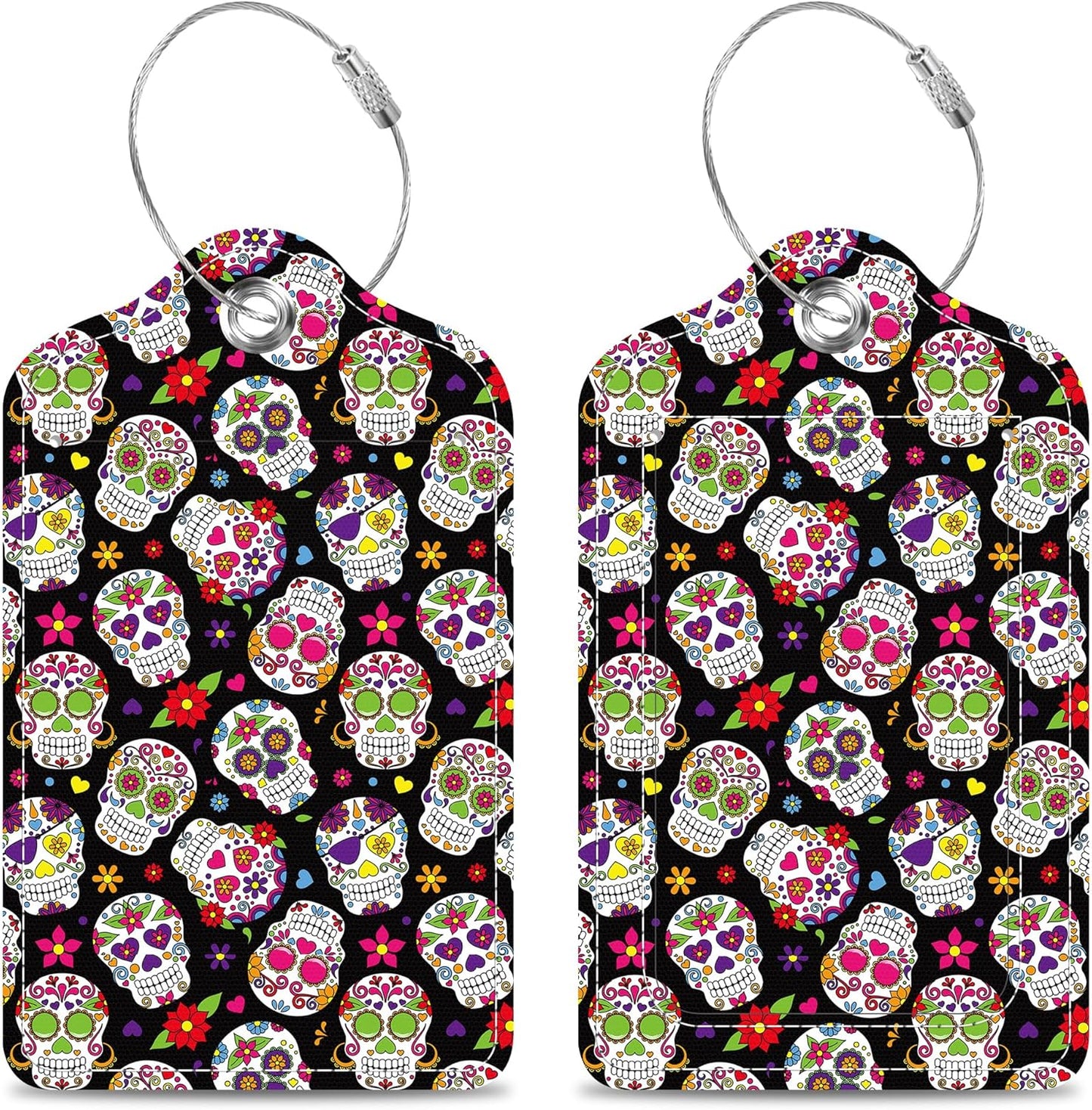 2 Pack Luggage Tags for Suitcase Colorful Sugar Skull Leather Stainless Steel Loop Label Tags for Women Men Travel Bag Suitcase with Privacy Cover Name ID Card