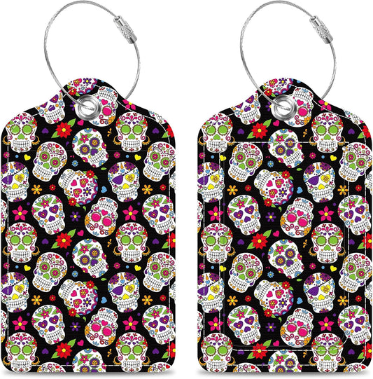 2 Pack Luggage Tags for Suitcase Colorful Sugar Skull Leather Stainless Steel Loop Label Tags for Women Men Travel Bag Suitcase with Privacy Cover Name ID Card