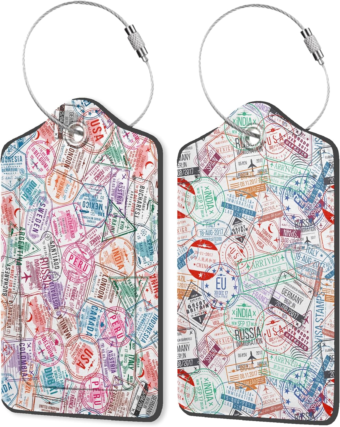 Travel Stamp 2 Pack PU Leather Luggage Tags with Stainless Steel Loop, Funny Retro Labels for Quick Spotting with Privacy Cover ID Label