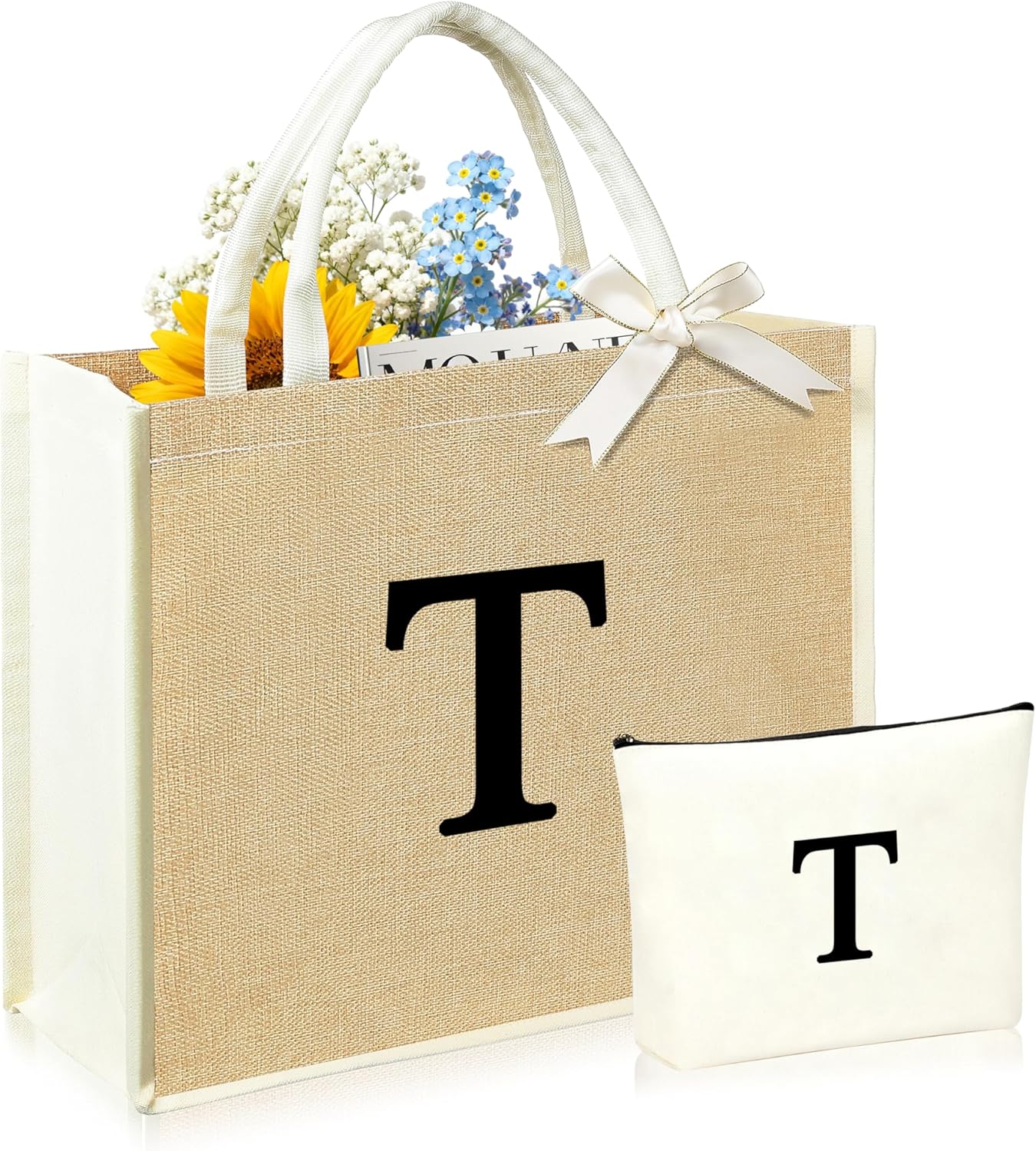 Initial Canvas Tote Bag & Makeup Bag for Women Teacher Bridesmaids，Personalized Present for Wedding, Birthday, Beach