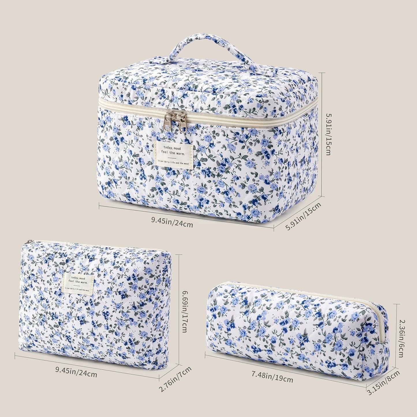 HBselect Quilted Makeup Bag, 3PCS Cotton Large Travel Makeup Bag, Cute Floral Coquette Make up Bag Cosmetic Bag Toiletry Bag for Women Girls