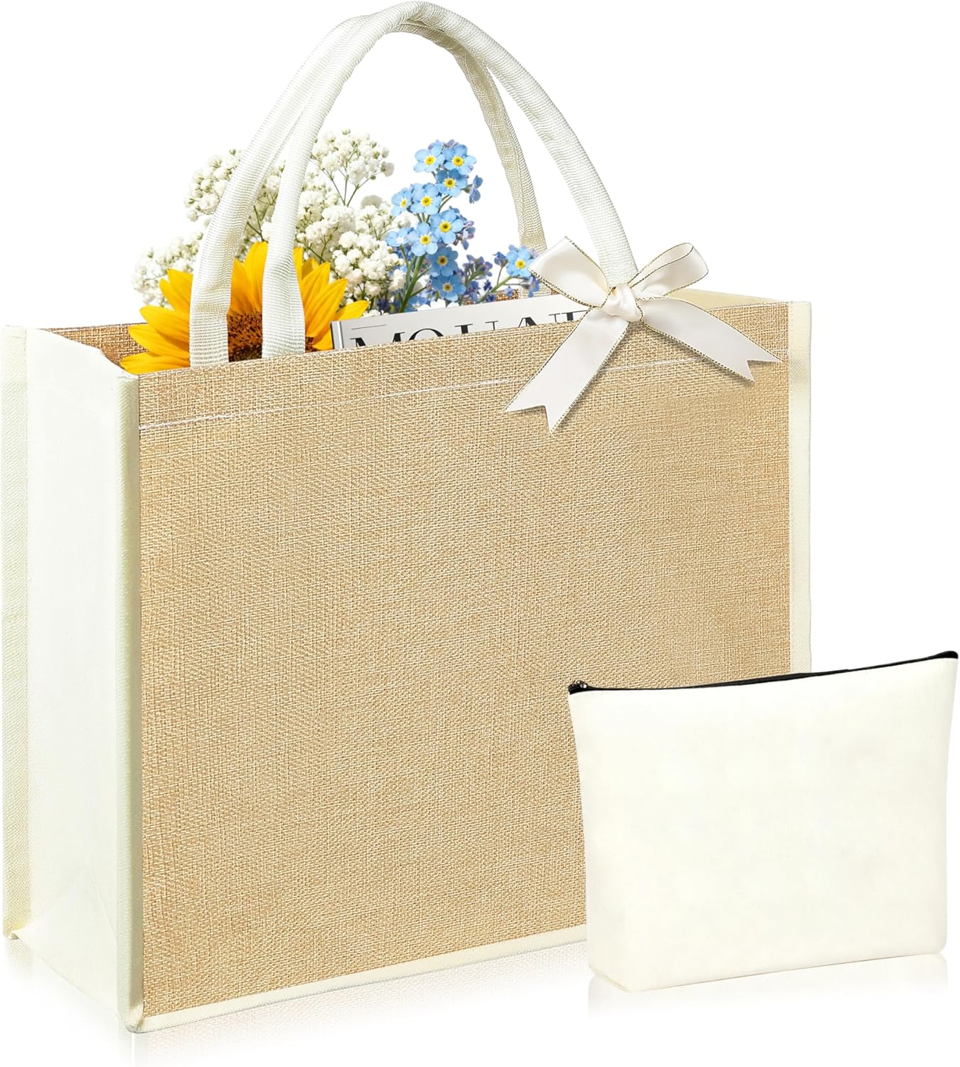Initial Canvas Tote Bag & Makeup Bag for Women Teacher Bridesmaids，Personalized Present for Wedding, Birthday, Beach