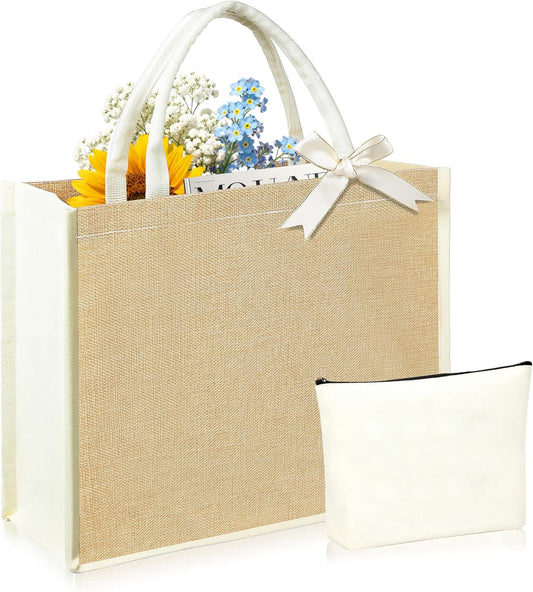Initial Canvas Tote Bag & Makeup Bag for Women Teacher Bridesmaids，Personalized Present for Wedding, Birthday, Beach