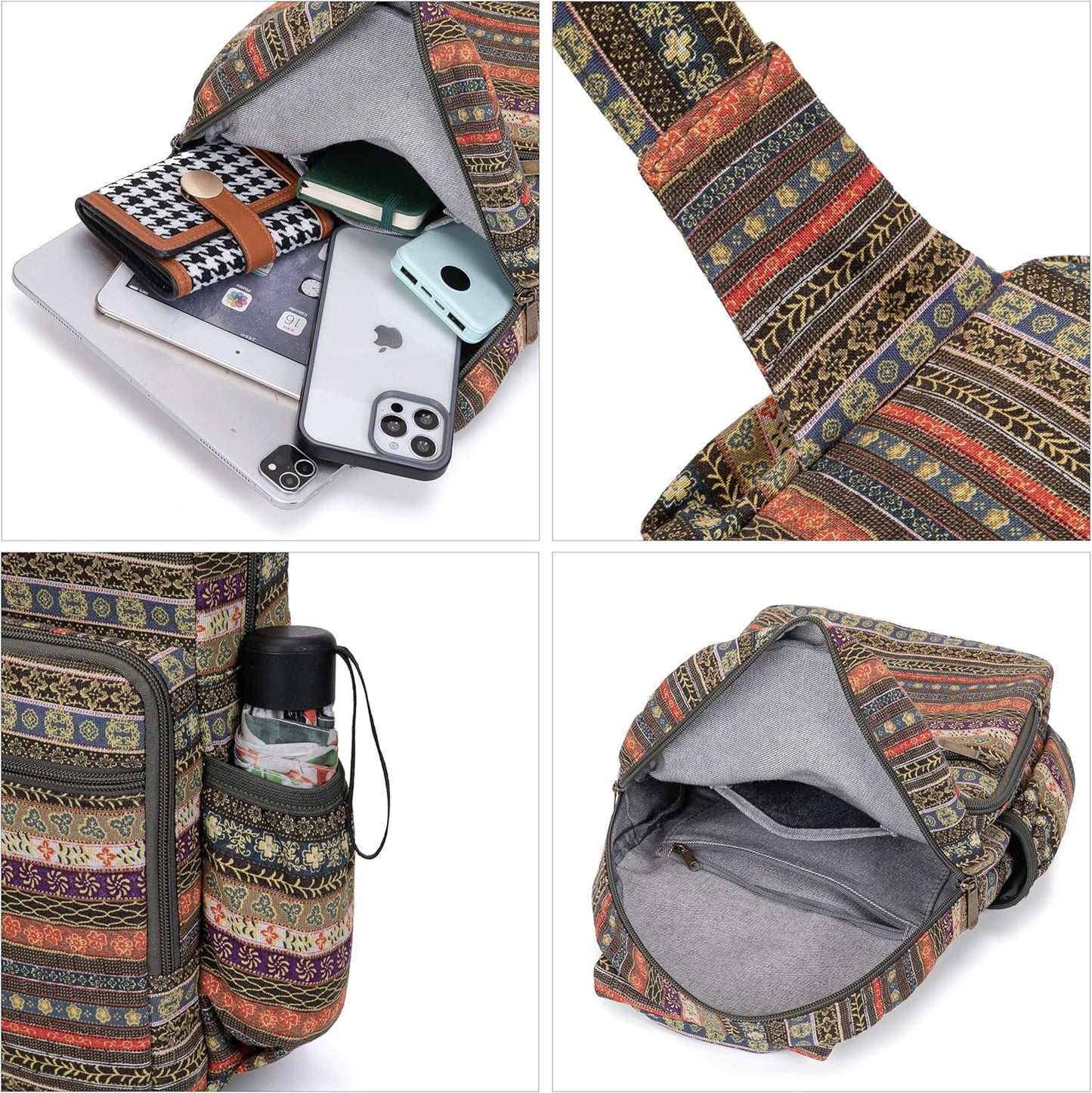 Coton Pose Women sling bag Elephant canvas large boho backpacks bohemian Crossbody Bag (green grey)