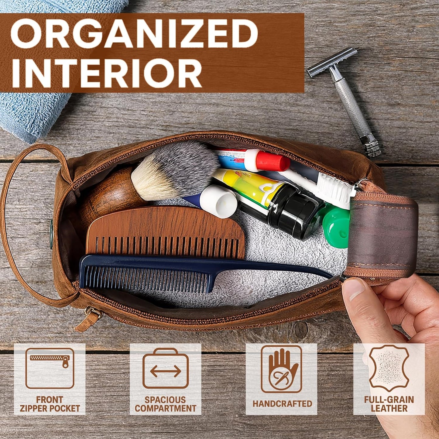 RUSTIC TOWN Buffalo Leather Toiletry Bag : Vintage Travel Shaving & Ditty Kit : for Toiletries, Cosmetics & More : Spacious Interior & Waterproof Lining : Compact, Fits Easily in Luggage