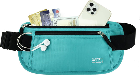 RFID Blocking Money Belt for Men Women, Slim Fanny Pack for Travel，Running,Conceal Waist Wallet for Passport Holder,Phone,Cash(Black Mint Green)