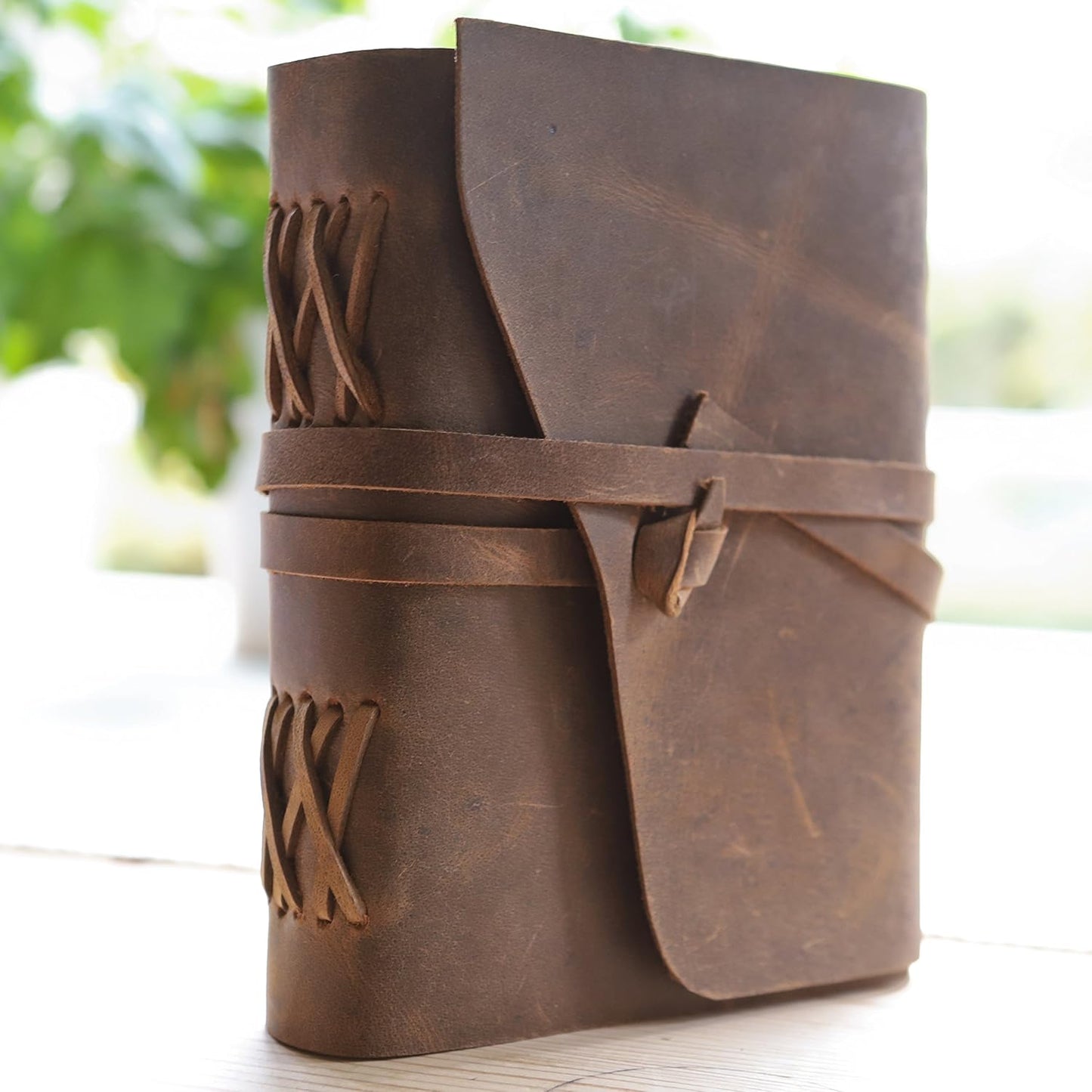 moonster Leather Journal Writing Notebook, Vintage Handmade Bound Notepad for Men Women - Write in Plain Thick Paper, 7x5 Inch Small Blank Pages, Drawing Sketchbook, Travel Diary, Unlined Note Book