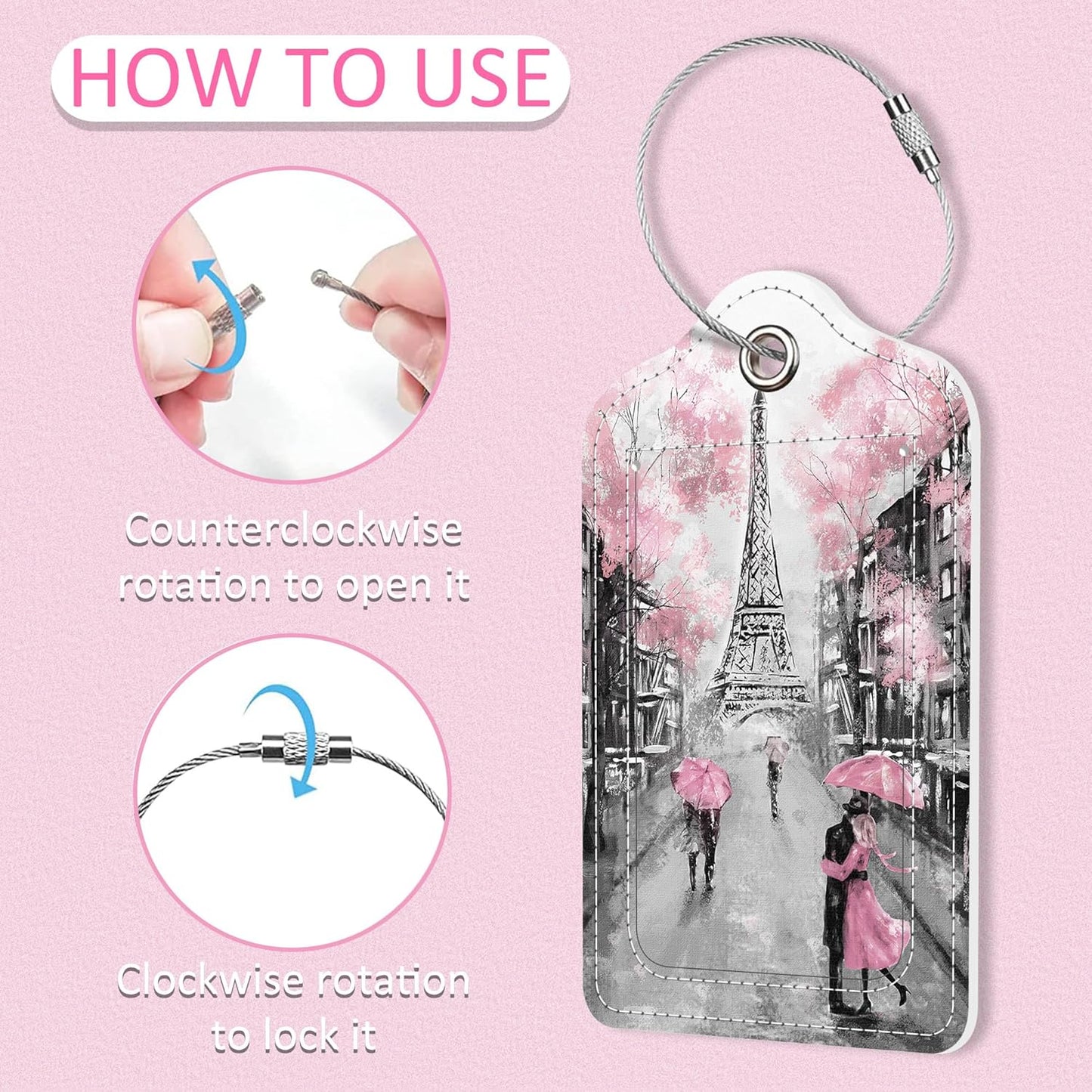 Luggage Tags for Suitcase,2 Pack Pink Paris Luggage Tag,PU Leather Id Label Luggage Tags with Stainless Steel Loop and Privacy Cover for Women Men Teens Travel