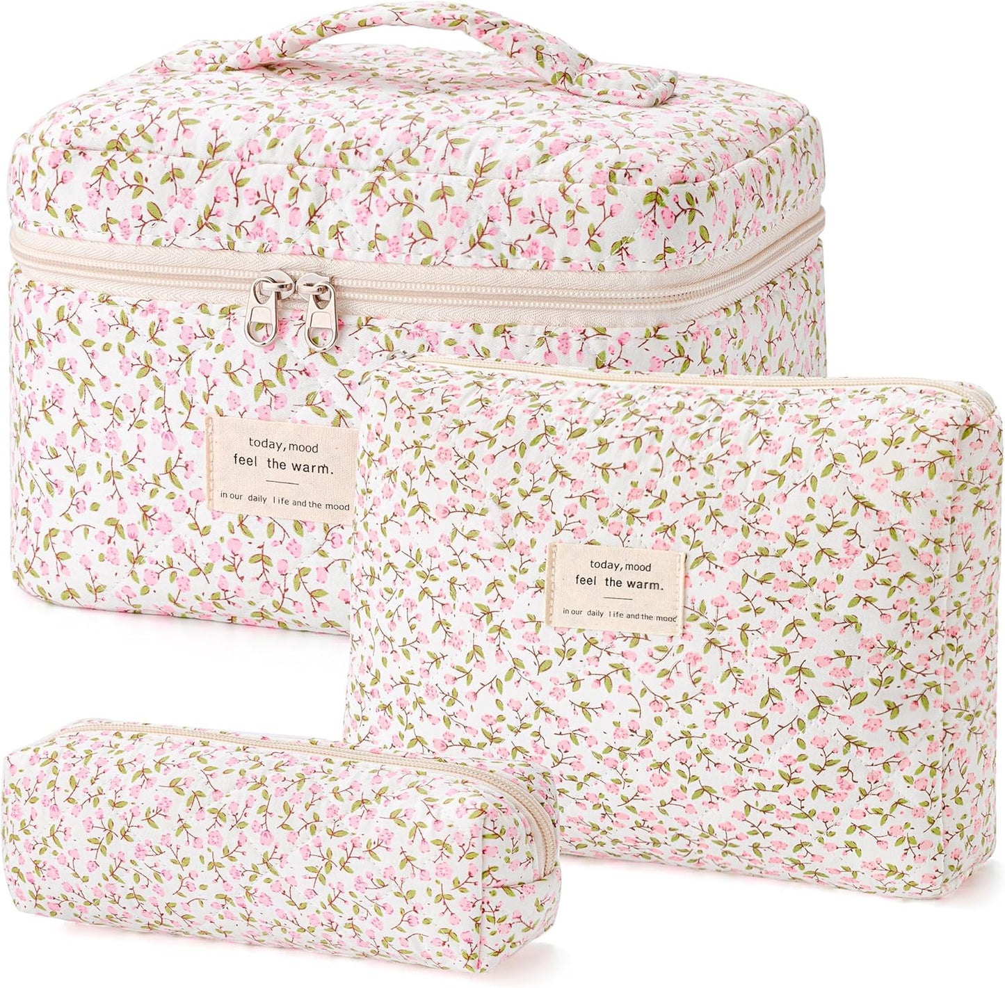 HBselect Quilted Makeup Bag, 3PCS Cotton Large Travel Makeup Bag, Cute Floral Coquette Make up Bag