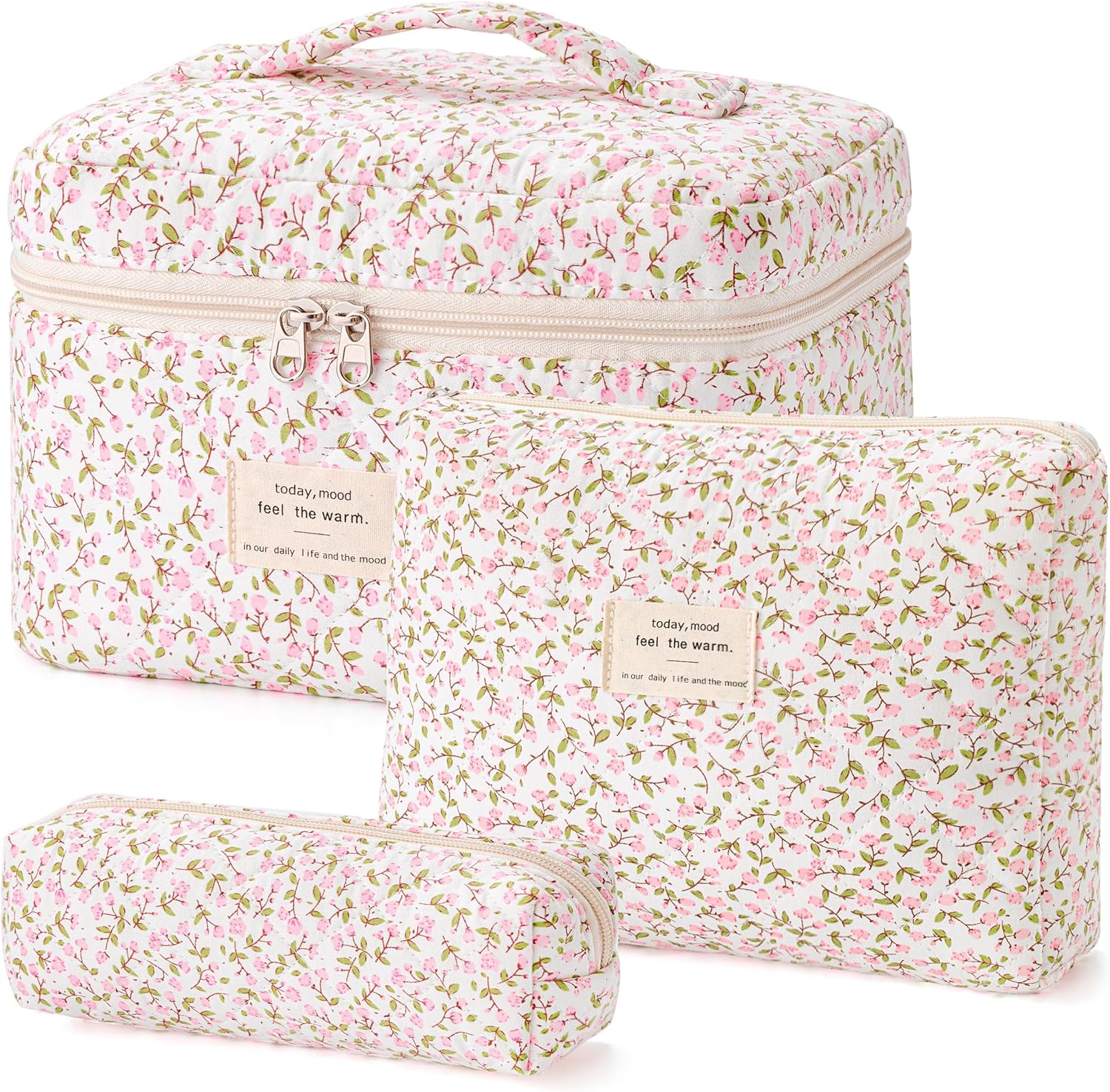 HBselect Quilted Makeup Bag, 3PCS Cotton Large Travel Makeup Bag, Cute Floral Coquette Make up Bag