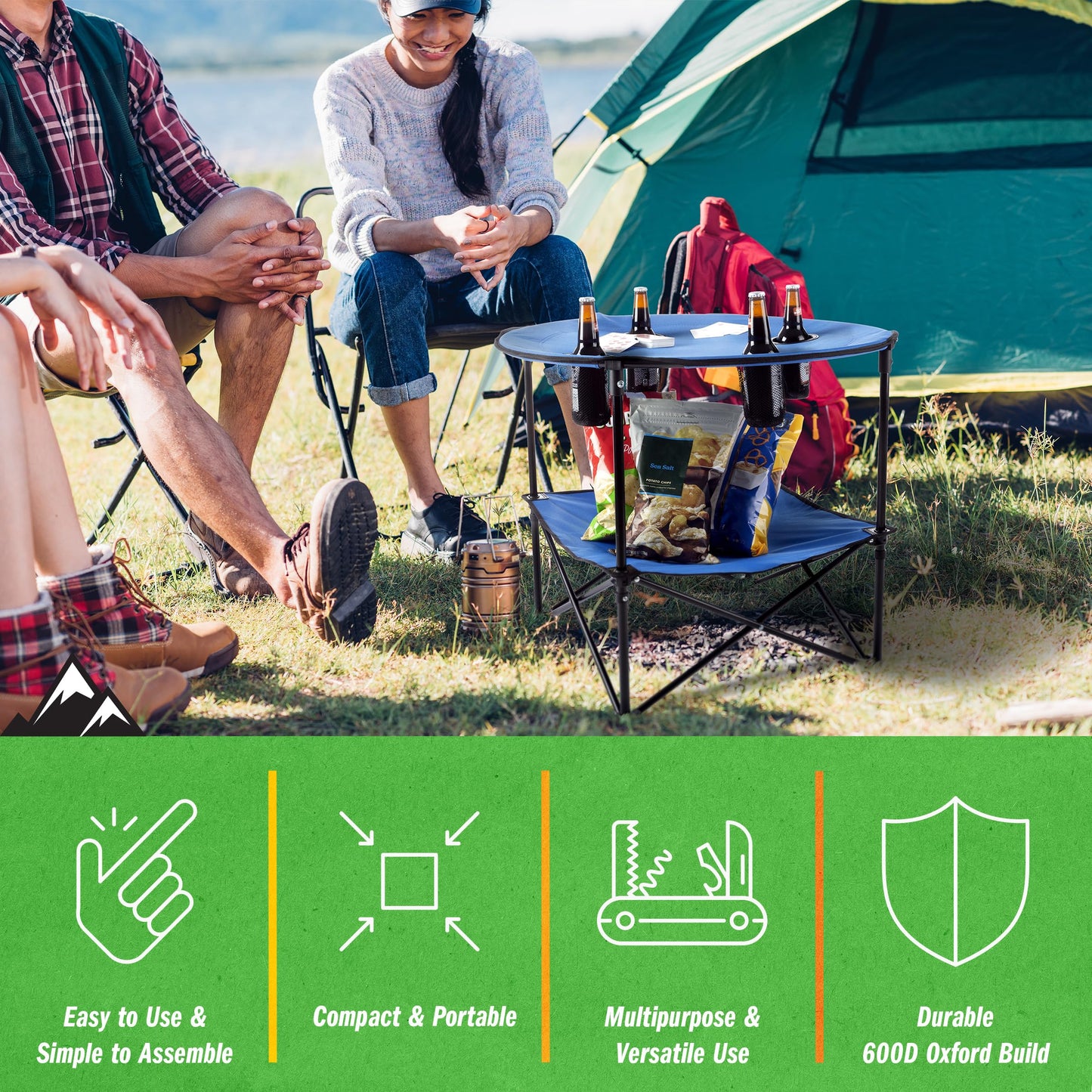 Wakeman Camp Table - Round 2-Tier Folding Table with 4 Cupholders and Carrying Bag - for Camping