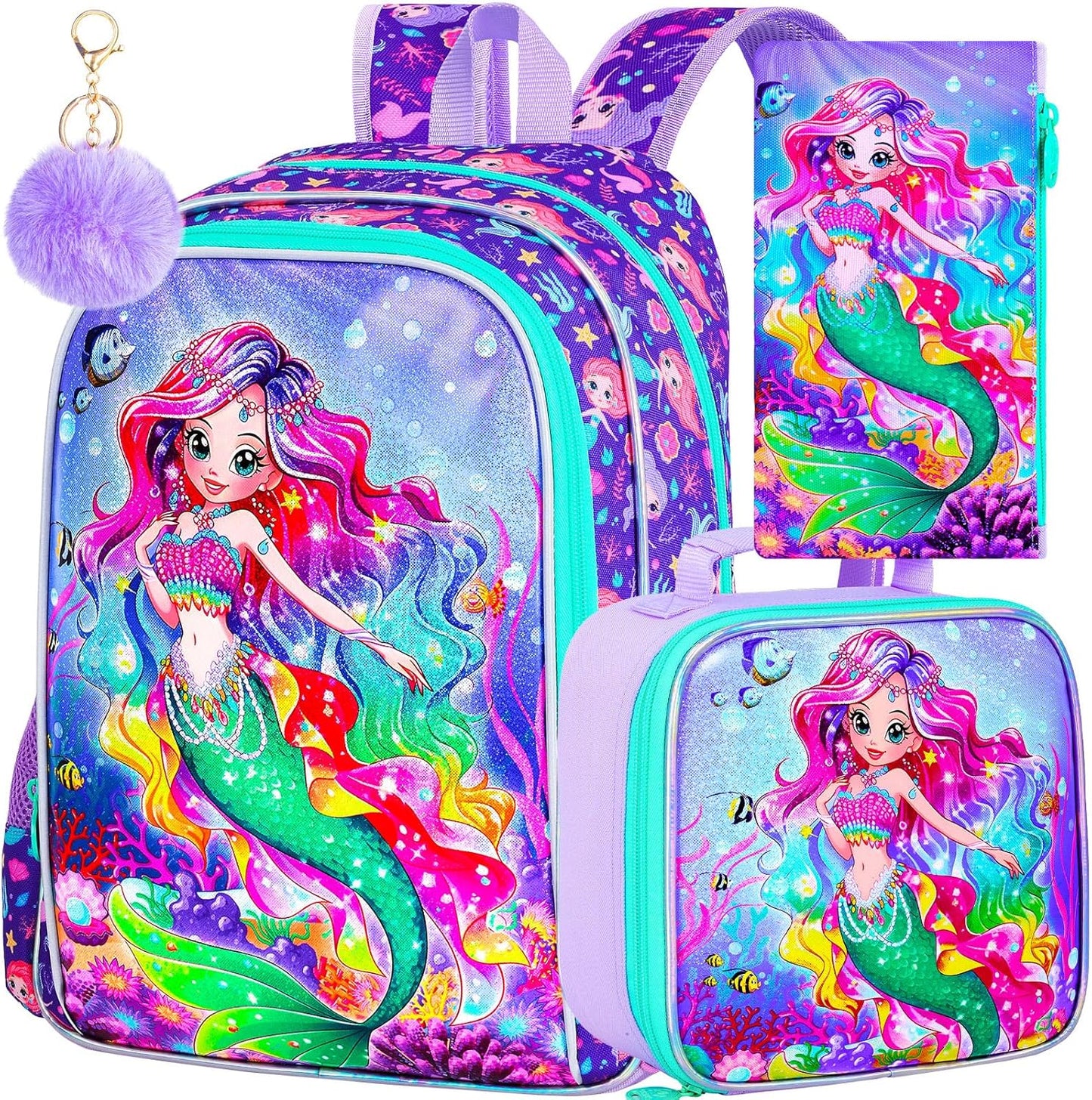 16" Mermaid Backpack, 3Pcs School Bookbag for Girls with Lunch Box, Kids Backpacks for Elementary