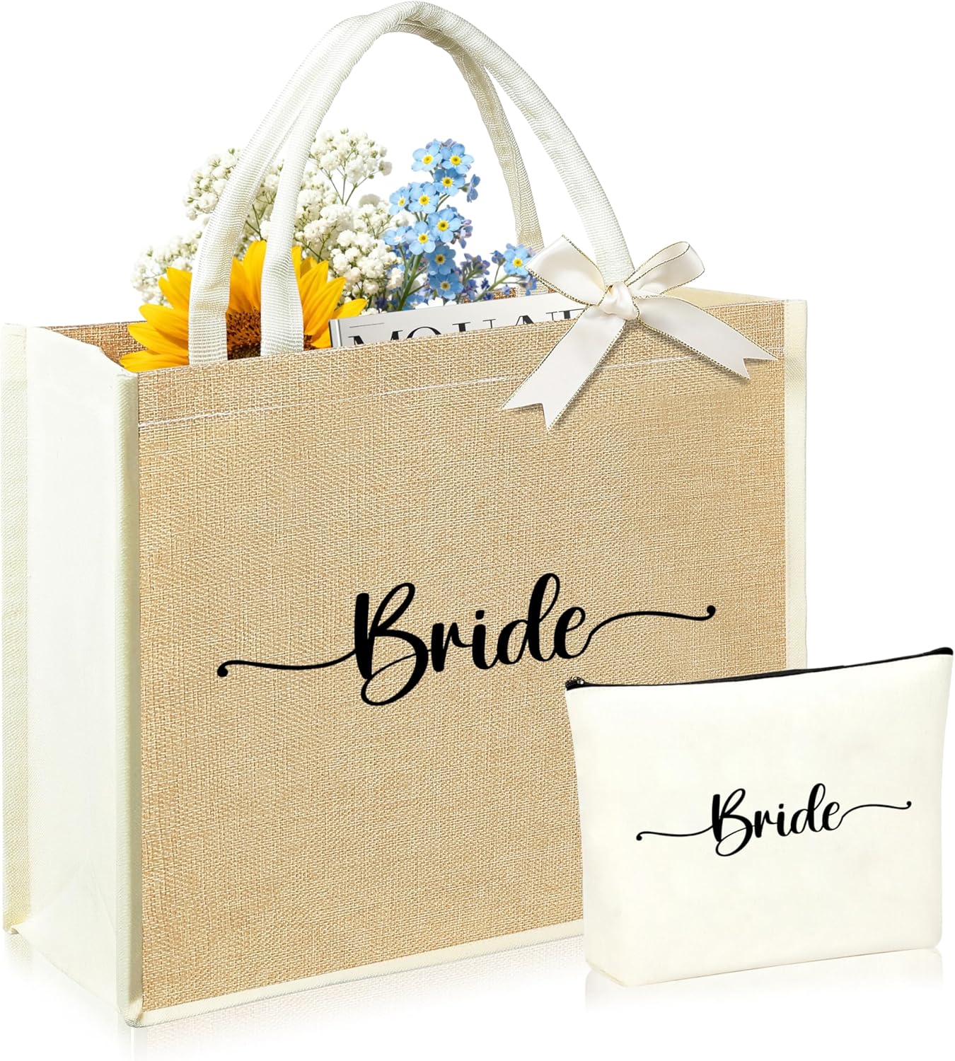 Initial Canvas Tote Bag & Makeup Bag for Women Teacher Bridesmaids，Personalized Present for Wedding, Birthday, Beach