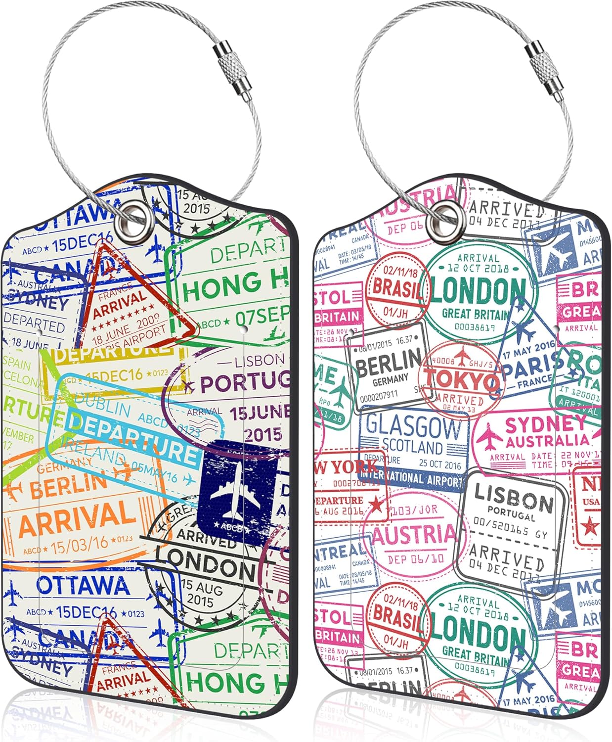 Creative Passport Stamp Luggage Tags Set of 2 Colorful Visa Stamps PU Leather Travel Baggage Tags