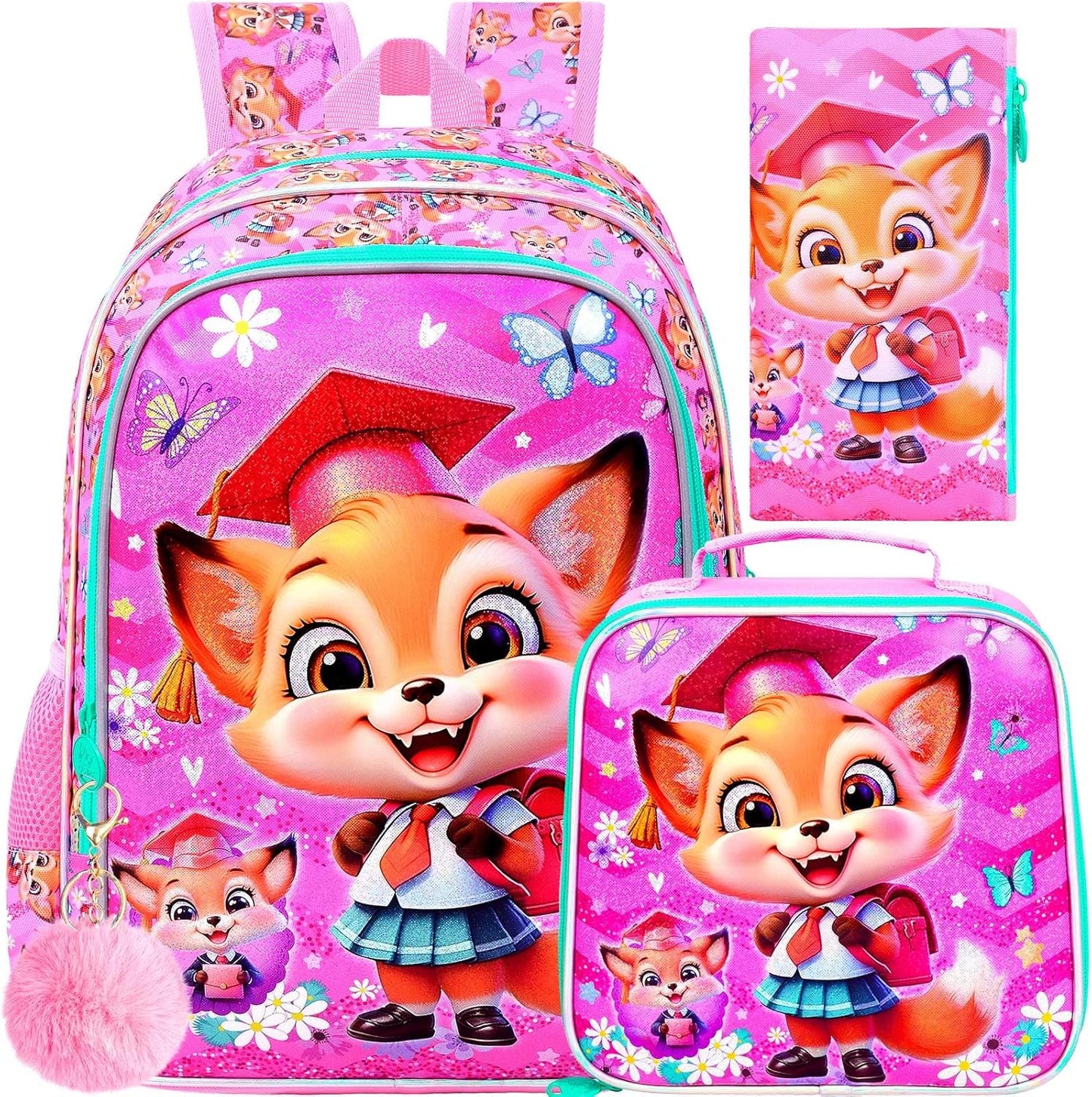 3PCS Girls Fox Backpack, 16" Kids Bookbag with Lunch Box, Water Resistant Elementary Preschool Toddler School Bag - Pink Dr. Fox