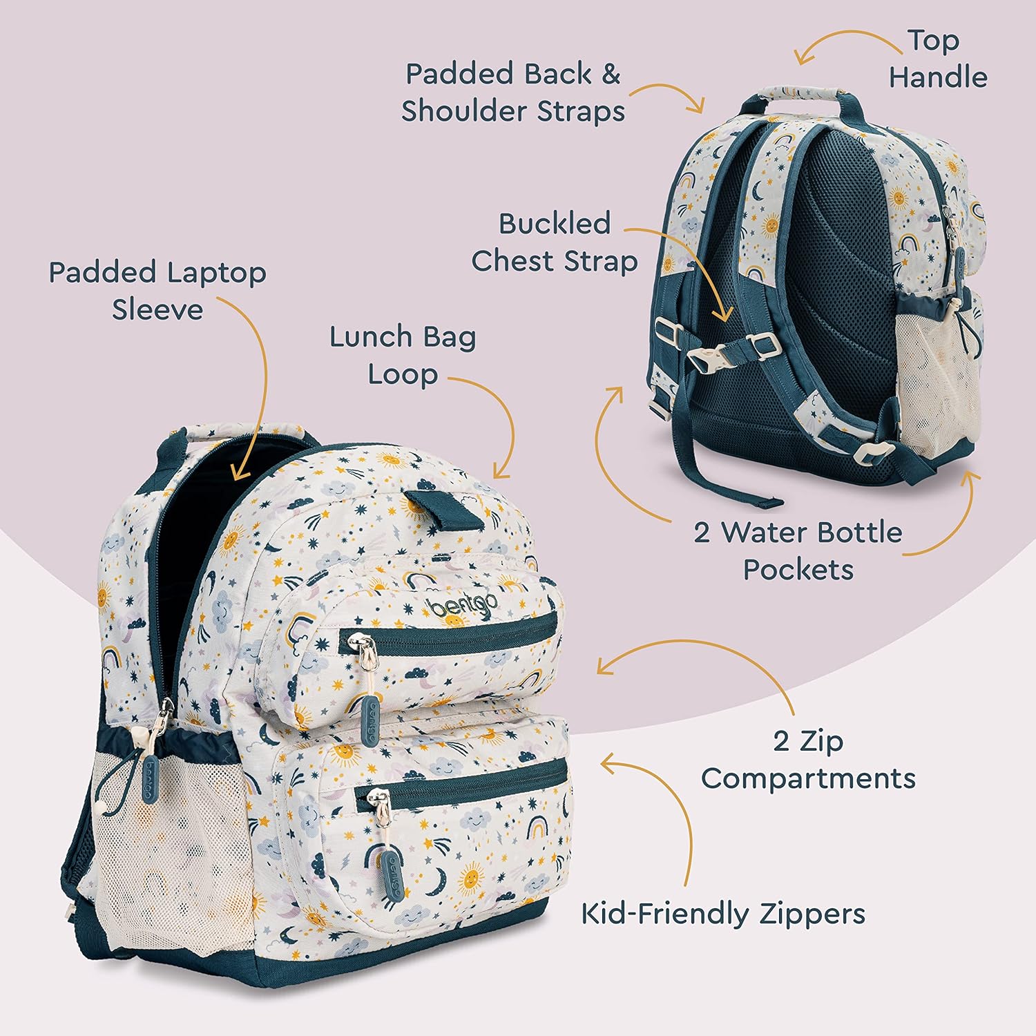 Bentgo Kids Backpack - Lightweight 14” Backpack in Fun Prints for School, Travel, & Daycare, Ideal
