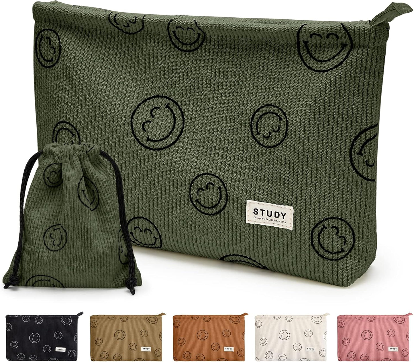 WLLWOO Makeup Bag-2pcs Smile Face Corduroy Cosmetic Bag Zipper Interior Waterproof Pencil Case Coin Purse Travel Toiletry Small Makeup Pouch For Women