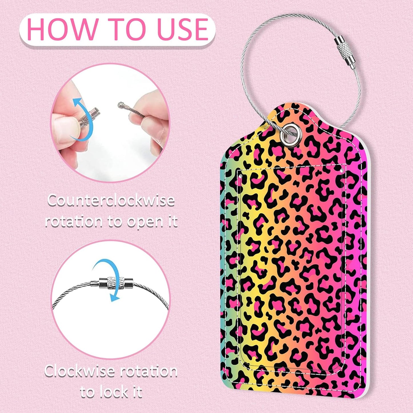 Luggage Tags for Suitcase,2 Pack Rainbow Leopard Print Luggage Tag,PU Leather Id Label Luggage Tags with Stainless Steel Loop and Privacy Cover for Women Men Teens Travel